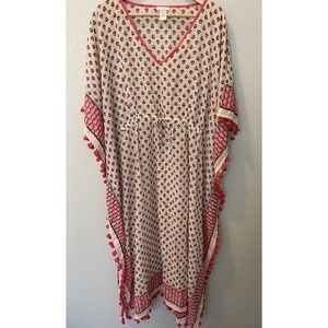 J. Jill Floral Kaftan Pom Pom Maxi Dress Womens Size XL - 3X Beach Coverup
